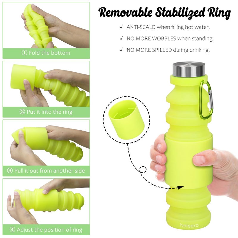 Nefeeko Collapsible Water Bottle, 18floz Reuseable BPA Free Silicone Foldable Water Bottles for Travel Gym Camping Hiking, Portable Leak Proof Sports Water Bottle with Carabiner - Image 5
